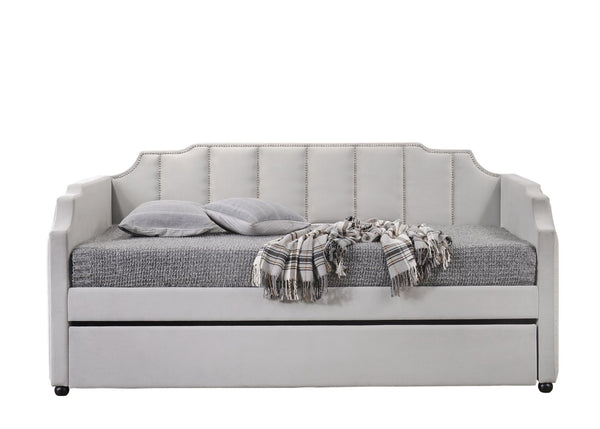 English Elm Peridot Dove Gray Velvet Daybed with Roll-Out Twin Trundle, Tufted Arched Back, Nailhead Trim B2726S00325
