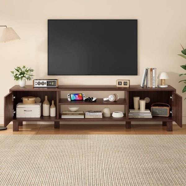 English Elm Modern Low Profile Media Console with Open Shelving and Concealed Cabinet Storage Walnut T3623P435419