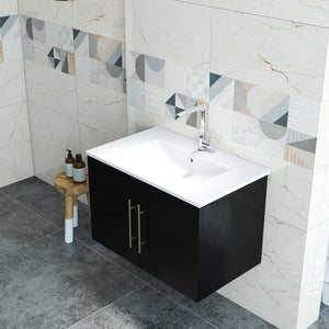English Elm 30-Inch Black Gloss Wall-Mounted Bathroom Vanity With Soft-Close Doors & Gold Handle For Modern Style W3151S00051