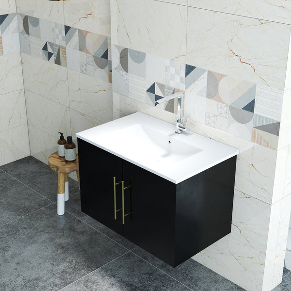 English Elm 30-Inch Black Gloss Wall-Mounted Bathroom Vanity With Soft-Close Doors & Gold Handle For Modern Style W3151S00051