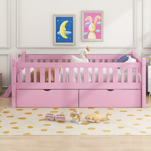 English Elm Wood Twin Platform Bed with Guardrail, Solid Pine Construction, 2 Underbed Drawers for Storage and Playroom Space Pink N709P242145H