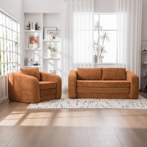 English Elm 2-piece Chenille Cloud Floor Sofa Set Convertible Sleeper Lounge for Apartment Bedroom Dorm Orange W3118S00030