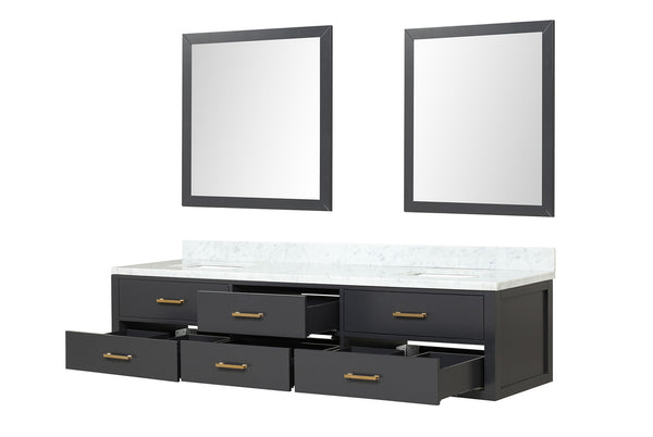English Elm Black Double Bath Vanity 84 in W x 22 in D with Carrara Marble Top, Soft-Close Drawers & Dual 36" Mirrors B2731S01592