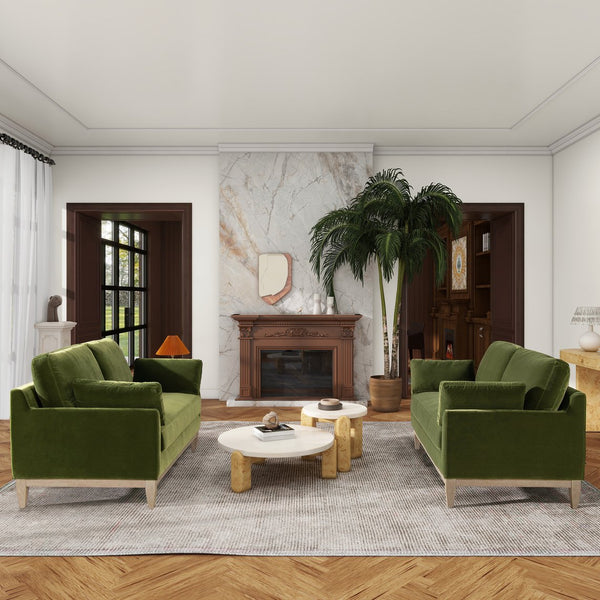 English Elm Jennifer Taylor Home - Pasadena Modern Farmhouse Sofa 75.5" Performance Velvet Upholstery, Sustainable Rubberwood Base Olive Green B2719P238337