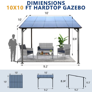 English Elm 10' 10' x 10' Gazebo for Patio Heavy-Duty Metal Lean-To with Hard Top Roof Weatherproof Shelter W419S00054