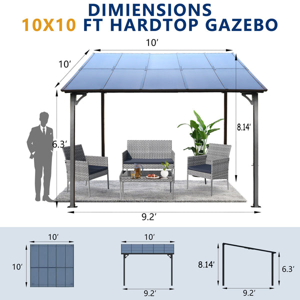 English Elm 10' 10' x 10' Gazebo for Patio Heavy-Duty Metal Lean-To with Hard Top Roof Weatherproof Shelter W419S00054
