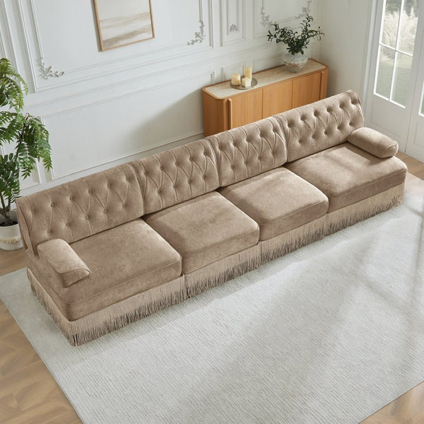 English Elm 135" Modular Chesterfield Sectional Velvet Tufted Sofa with Tassel Skirt for Lounge Rooms Camel W714S01699