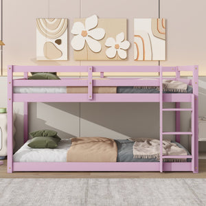 English Elm Solid Twin over Twin Floor Bunk Bed Pink – Solid Rubberwood Low-Height Platform with Ladder, Sturdy Slats, 200lb Capacity and Versatile Under-Bed Space for Kids Rooms (46.6"H x 77.3"L) W504P208048