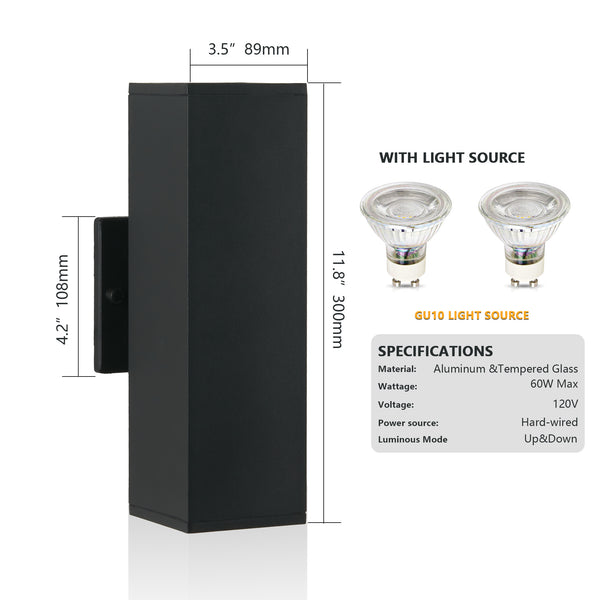 English Elm 2-Pack Modern Outdoor Wall Sconce Black Aluminum, Up/Down Weatherproof GU10 Lights 3000K Warm W1340P243536