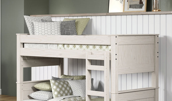 English Elm Rustic Twin-Over-Twin Bunk Bed in White Pine — Solid Brazilian Pine, Splittable, Ladder, 82"W x 63"H B2741S00280