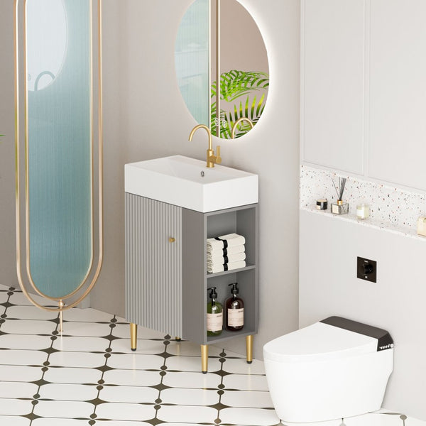 English Elm 21.6" Grey Bathroom Vanity with Ceramic Sink Open Shelf and Soft Close Cabinet W1920S00186