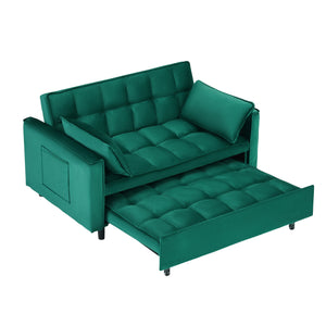 English Elm 55-inch Green velvet sofa bed with storage pockets, 2-seat convertible sleeper, solid wood frame, 500lb capacity W1658P239827