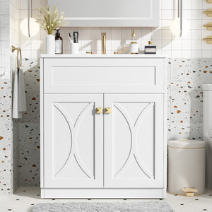 English Elm 30'' Bathroom Vanity With Ceramic Sink Combo - Modern Freestanding Cabinet, Gold Handles & Soft-Close Doors N710P194898K
