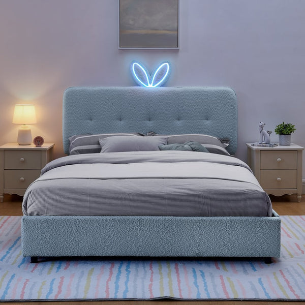 English Elm Queen Boucle Upholstered Kids Bed with Rabbit Ear Headboard Led Lighting Storage Drawers Navy W1413P384928