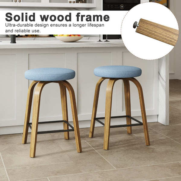 English Elm Swivel Backless Counter Stools Set of 2 with Fabric Seat Bentwood Legs Mid-century Modern Blue W3107P446977
