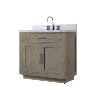English Elm Grey Oak Single Bath Vanity With Carrara Marble Top & Chrome Faucet Set – Stylish Storage Solution! B2731P257687
