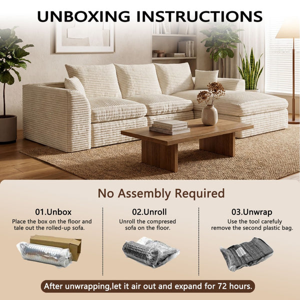 English Elm Modular Cloud Sectional Corduroy Sofa with Reversible Chaise and Memory Foam Comfort Beige White W5638S00005