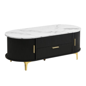 English Elm Modern Mid-century Coffee Table Tambour Doors Open Shelves Warm Wood Living Room Black,Gold,White N770P333549B