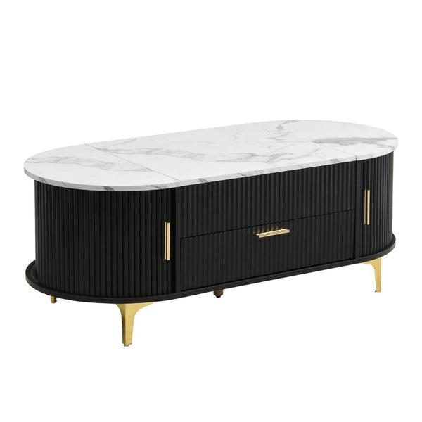 English Elm Modern Mid-century Coffee Table Tambour Doors Open Shelves Warm Wood Living Room Black,Gold,White N770P333549B