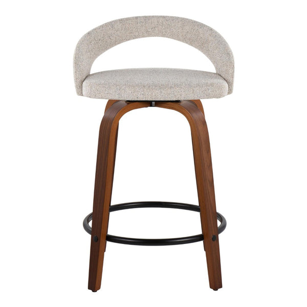 English Elm Fixed-height Swivel Counterstools with Walnut Bent Wood Legs and Upholstered Seats Set of 2 B202S01746