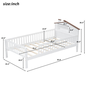 English Elm Twin House-Shaped Platform Bed with Built-In Storage, LED Accent Lighting and Rustic Pine Charm (95) White N709P184429K