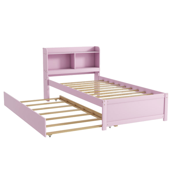 English Elm Twin Pink Trundle Bed with Bookcase Headboard — Space-Saving Twin Bed for Small Rooms, Storage Friendly W504P317860