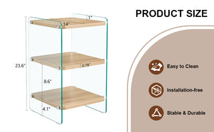 English Elm Three Triple-Layer Bedside Table with MDF Top & Tempered Glass Legs, Storage, Minimalist Warmth W1512P387008