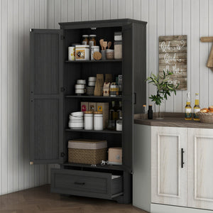 English Elm HOMCOM 67" Freestanding Kitchen Pantry Cabinet with 4 Doors, 6-Tier Adjustable Shelves, Rustic Charm Black W2225P249925