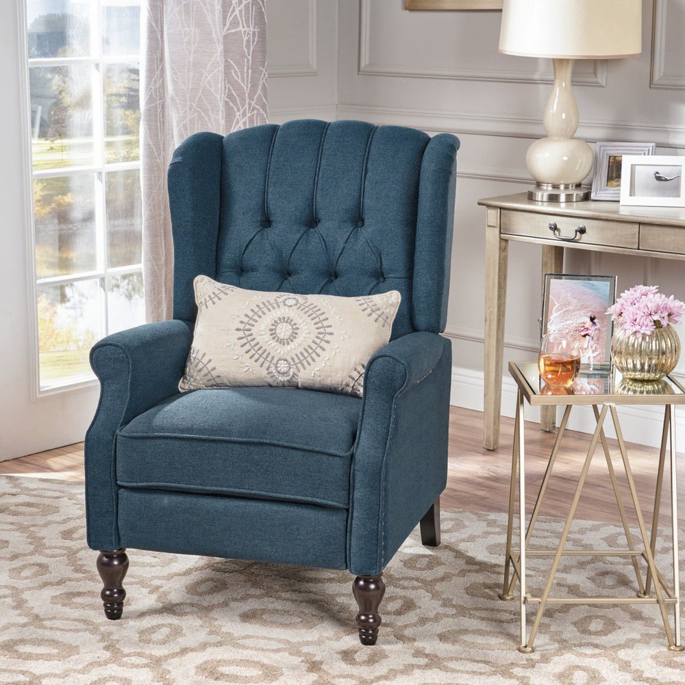 English Elm Dark Blue Wingback Recliner with Diamond Tufted Fabric and Pushback Mechanism 56992.00DBL