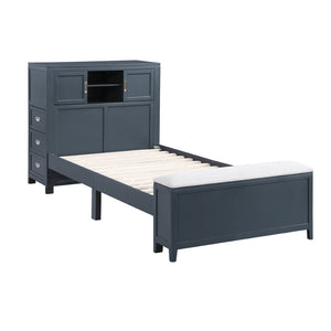 English Elm Gray Twin Platform Bed with Bookcase Headboard Hidden Desk Stool and Footboard Bench Navy Blue B011S02312