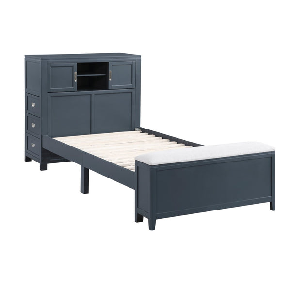 English Elm Gray Twin Platform Bed with Bookcase Headboard Hidden Desk Stool and Footboard Bench Navy Blue B011S02312