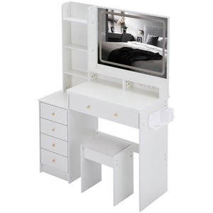 English Elm 41" Luxury Vanity Table Set With Stool, Integrated Power, Led Mirror & Hair Dryer Stand - Stylish Design W936P230832