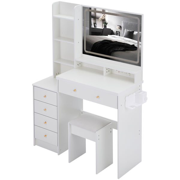 English Elm 41" Luxury Vanity Table Set With Stool, Integrated Power, Led Mirror & Hair Dryer Stand - Stylish Design W936P230832