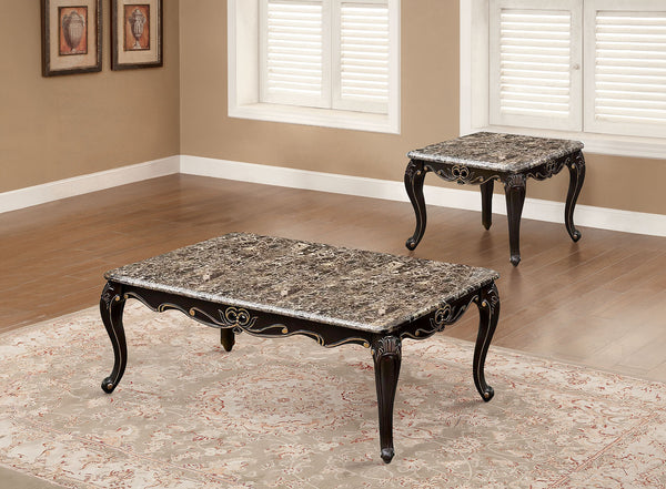 English Elm Transitional Ornate 2-Piece Living Room Table Set with Marble-Style Tops, Carved Cabriole Legs, Gold Accents Dark Walnut 41 L x 31 W x 9 H B2741S00574