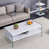 English Elm Double Rectangular Coffee Table. The Board Surface Is Mdf, With White Stickers, and Both Sides Are Transparent Tempered Glass. Suitable For Living Room, Bedroom and Other Occasions.