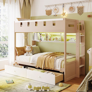English Elm Twin Castle Bunk Bed with Led Lighting Built-in Shelf and Storage Drawers for Kids White LT000158AAK