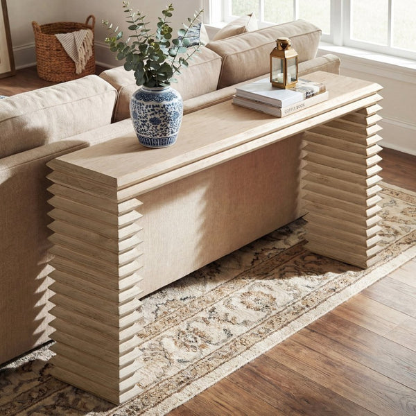 English Elm Veda Reclaimed Pine Whitewashed Geometric Console Table Sculptural Entryway Accent B2719P485495