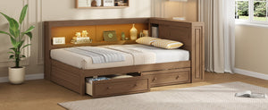 English Elm Full Pine Platform Daybed with Led Lighting Usb Charging Headboard Shelf and Drawers Wood N7090004032D
