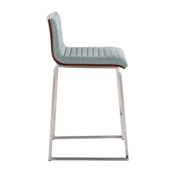 English Elm Mason Mara 26" Stylish Counter Stool Set Of 2 - Walnut Wood, Green Fabric & Stainless Steel Base B202P222074