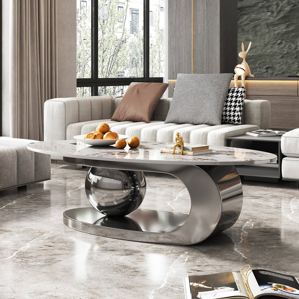 English Elm 49.2 Oval Faux Marble Coffee Table with Titanium-Coated Stainless Steel Base and Sintered Stone Top Gray,White+Multi W3136S00007