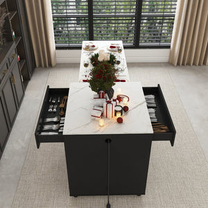 English Elm 80-inch Expandable Kitchen Island with Charging Station, Solid Wood-Grain Top, Mobile Storage Cart Black W2700S00075