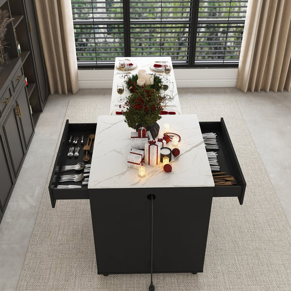 English Elm 80-inch Expandable Kitchen Island with Charging Station, Solid Wood-Grain Top, Mobile Storage Cart Black W2700S00075