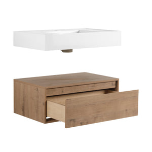 English Elm 30 Inch Wall-Mounted Bathroom Vanity Set With Resin Sink, Soft-Close Drawers & Storage Cabinets W999S00268