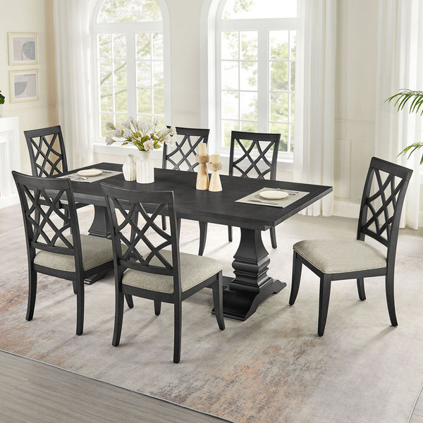 English Elm (1 Table+6 Chairs) Retro 7-Piece Extendable Dining Set - Stylish Wooden Table & Upholstered Chairs W2582S00174