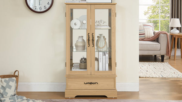 English Elm Lighted Glass Curio Display Cabinet - Elegant Oak Finish, Led Lighting, Adjustable Shelves & Secure Storage W1758P290020
