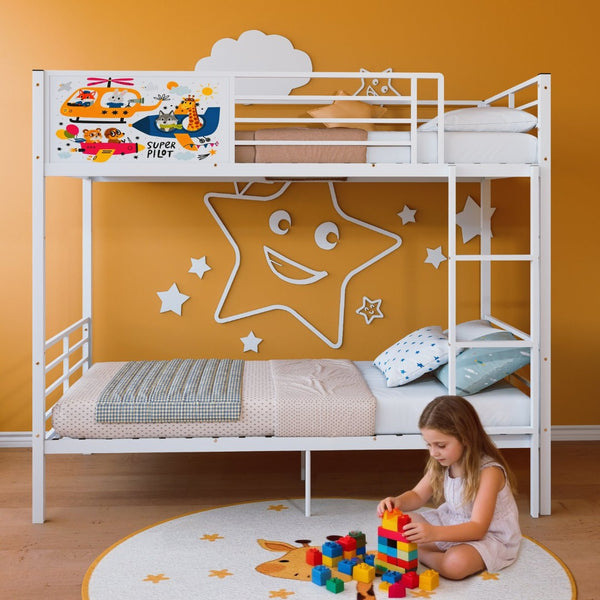 English Elm Metal Twin Over Bunk Bed with Full Guardrail Ladder and Convertible Iron Frame W3752S00023