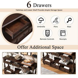 English Elm Solid Wood Console Table 54" 6-Drawer Vintage Style with Lower Shelf, Sturdy Pine Build, 220LB Top Capacity Espresso W1202P303773