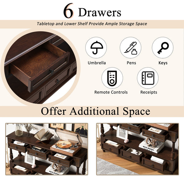 English Elm Solid Wood Console Table 54" 6-Drawer Vintage Style with Lower Shelf, Sturdy Pine Build, 220LB Top Capacity Espresso W1202P303773