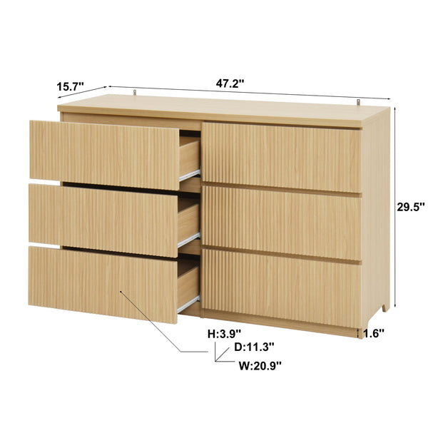 English Elm 6 Drawer Storage Cabinet Natural - 6-Drawer Wide Dresser with Wavy Panel, Handless Modern Organizer for Bedroom W409P263831