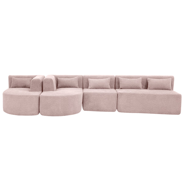English Elm 144" Upholstered L-Shape Sofa with Bouclé Fabric, Plush Pocket-Spring Seats & Five Pillows for Living Room Pink N719S001850P